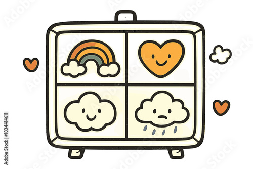 Joyful Weather Doodles. Charming doodle vector of forecast board with joyful icons—rainbows, hearts, and clouds—showing the mood