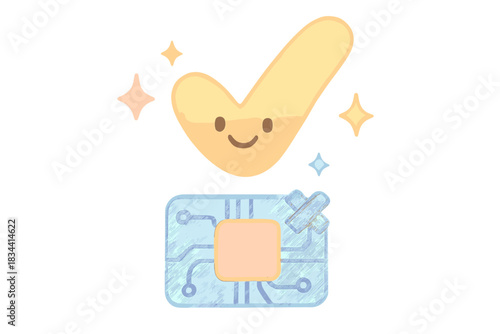 Smiling Checkmark Circuit. A smiling checkmark floating above a tiny repaired circuit, playful sparkles around, gentle pastel
