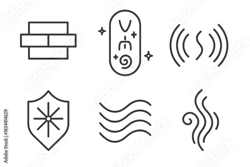 Mystical Barrier Icons. Line style icons of resonant barrier mystical marks: layered wall, glowing glyphs, vibration arcs, magical