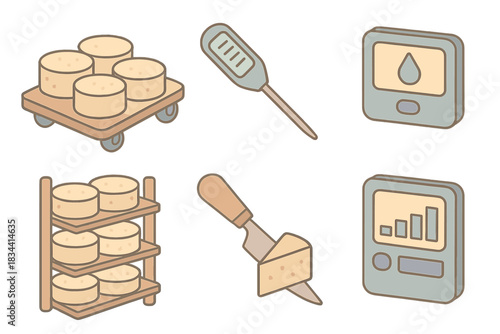 Cheese Maturation Monitoring. Isometric vector illustration set of cheese maturation monitoring: cheese board with wheels,