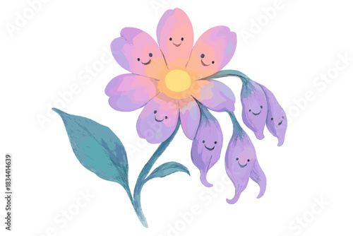 Paradoxical Blooming Flower. A paradoxical flower wilting and blooming at the same time, tiny happy faces on petals, gentle