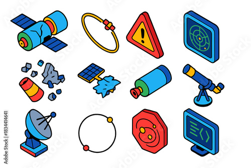 Space Debris Icons. Isometric vector illustration set Space Debris: cracked satellite module, orbit arc, collision alert triangle,