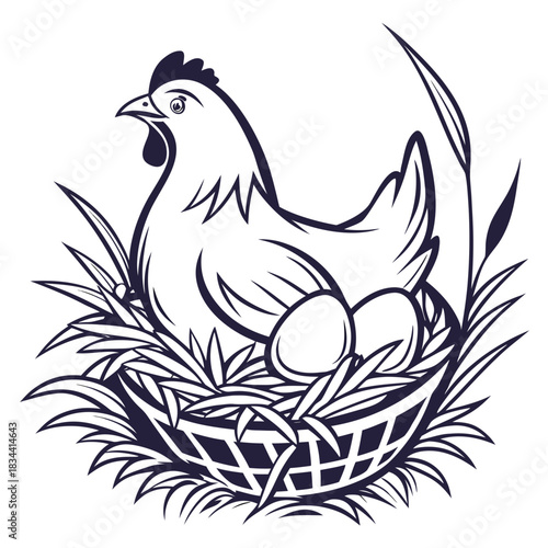 Hen Sitting on Eggs in a Nest with Grass Outline Drawing chicken straw