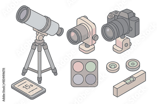 Night Sky Setup Icons. Isometric vector illustration set of night sky imaging setup: telescope tripod, camera with lens, star