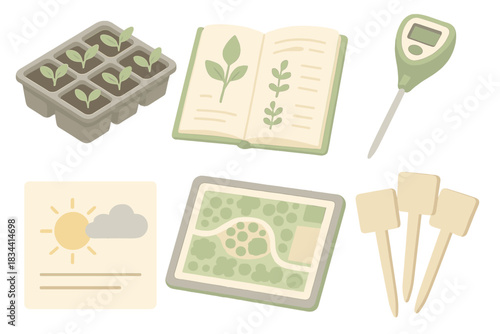 Isometric Planting Tools. Isometric vector illustration set of landscape design workflow: seedling tray, botanical guide, soil