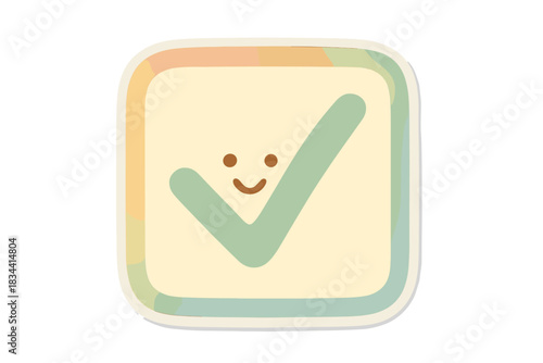 Pastel Checkmark. A tiny label with a smiling "sorted" checkmark, soft harmonious pastel palette, No text, No labels, isolated