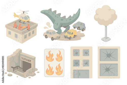 Miniature City Monster Attack. Isometric vector illustration set Miniature giant monster city attack diorama: rooftop with rescue