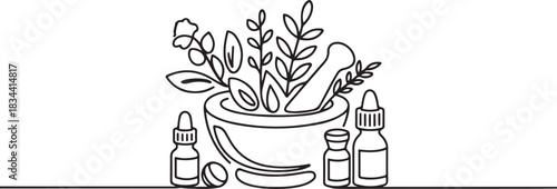 Homeopathic medicines and medicinal herbs. Non-traditional medicine directed to activate the body's own defenses. World Homeopathy Day. one line Icon drawing