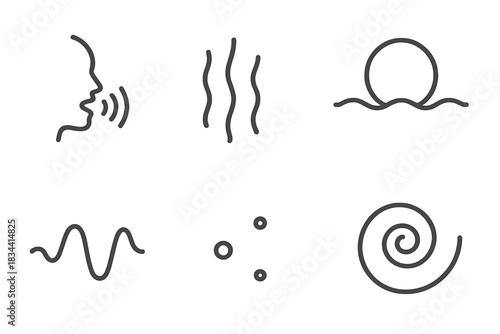 Final Sound Icons. Line style icons of final sound omen: voice emission, spectral lines, last tone wave, dusk aura, echo points,