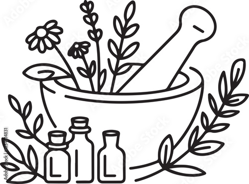 Homeopathic medicines and medicinal herbs. Non-traditional medicine directed to activate the body's own defenses. World Homeopathy Day. one line Icon drawing