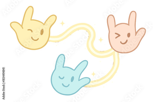 Glowing Path of Hands. A playful glowing path connecting winking hands, cozy pastel doodle colors, No text, No labels, isolated