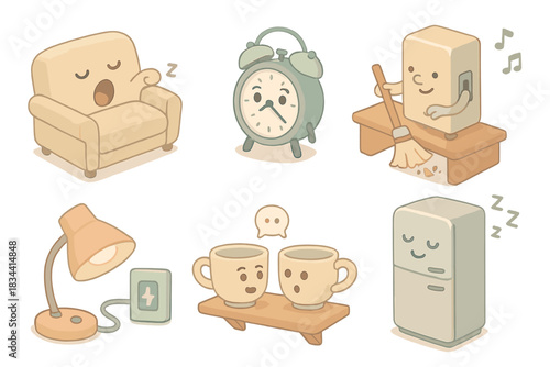 Daily Lives of Objects. Isometric vector illustration set Sentient household object daily routines: lazy sofa yawning mid-morning,
