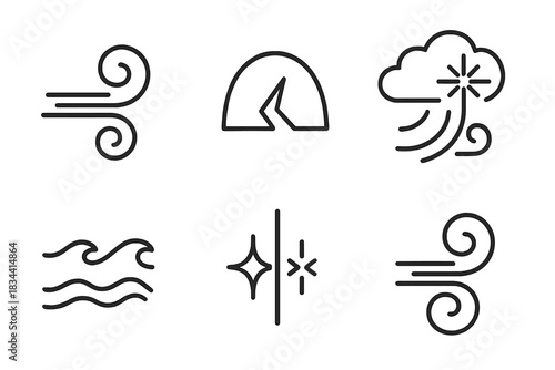 Squall Partition Icons. Line style icons of squall partition of wonders: curved gust, split arc, dual waves, shining storm,