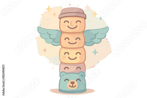 Sparkling Totem Harmony. A happy totem pole with tiny floating sparkles representing shared values, soft harmonious pastel palette
