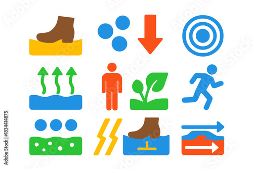 Quicksand Icons Set. Flat vector icons of quicksand and thixotropic behavior: sinking foot, sand particles, stress arrow, surface