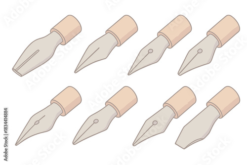 Vintage Pen Nib Styles. Isometric vector illustration set Vintage fountain pen nib grinding styles: italic nib with flat edge,