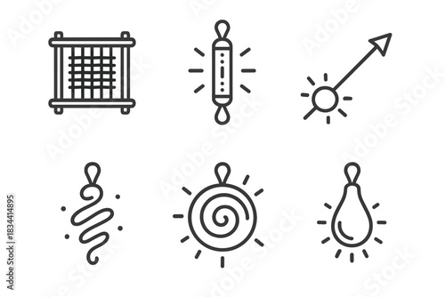 Luminous Lure Icons. Line style icons of luminous lure crafting: weaving frame, bright filament, guiding light, circular pattern,