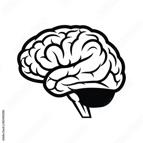 Black and white graphic illustration of a human brain head mind