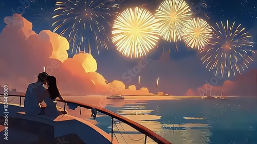 Starlit Serenade: Couples Embracing Under Fireworks Over Midnight Bay
