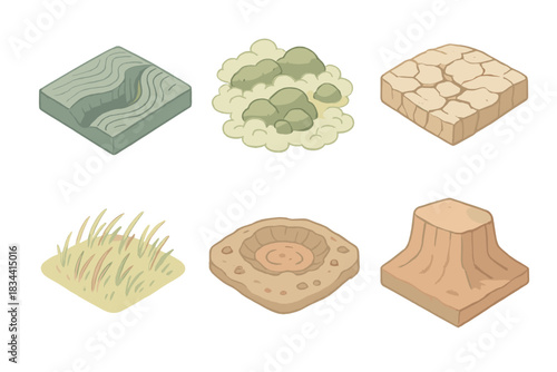 Fantasy Map Symbols. Isometric vector illustration set Fantasy map illustrator's topography symbols: underwater trench linework,