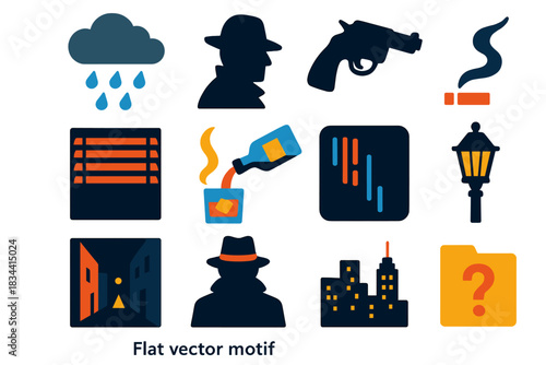 Noir Icon Set. Flat vector icons of Noir Detective Motifs: rain cloud, shadow silhouette, blind slats, revolver shadow, cigarette