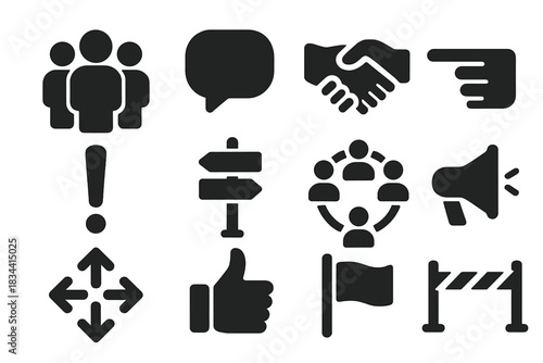 Crowd Behavior Icons. Solid style icons of crowd behavior and social norms: group of people, speech bubble, handshake, pointing