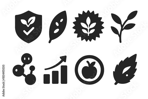 Plant Hormesis Icons. Solid style icons of plant hormetics (xenohormesis): polyphenol badge, bitter compound leaf, antioxidant