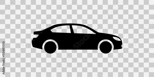 Black silhouette of a modern sedan car on a transparent background