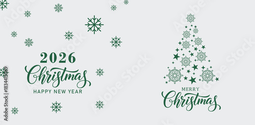 Elegant 2026 Christmas and Happy New Year greeting card with snowflakes and stylized Christmas tree made of stars on light background, minimalist festive holiday design for seasonal stock illustration