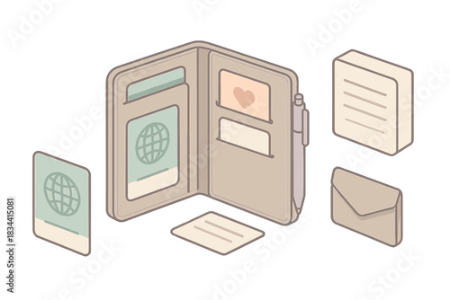 Wallet Organization Essentials. Isometric vector illustration set Personal wallet item organization guide: passport card insert