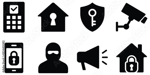 Home security icon set, Digital protection symbol pack, Safety and privacy silhouette collection