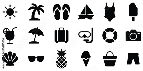 Summer vacation icon set, Beach holiday symbol pack, Tropical travel silhouette collection
