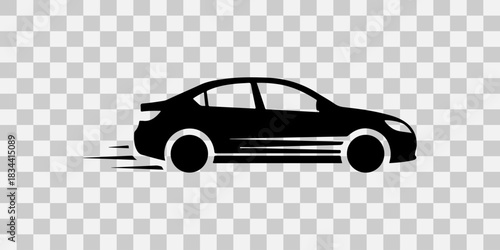 Black sedan car silhouette with motion blur on transparent background