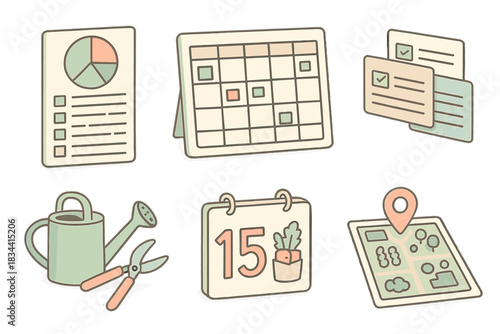 Sustainable Garden Icons. Isometric vector illustration set of sustainable garden coordination: volunteer time tracker, weekly