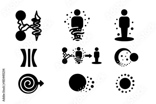 Teleportation Icon Set. Solid style icons of teleportation animation states: initial entangled state, mid-transfer vortex, final