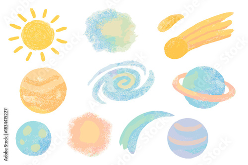 Childlike Galaxy Sketches. Isometric vector illustration set Childlike galaxy sketches: hand-drawn suns, fuzzy nebulae, crayon