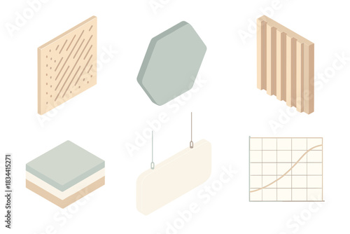 Acoustic Panel Designs. Isometric vector illustration set Architectural acoustic panel design: perforated wood panel with angled