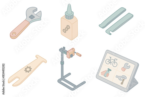 Cycle Repair Tools. Isometric vector illustration set of cycle repair process: adjustable spanner, chain lube, tire lever set,