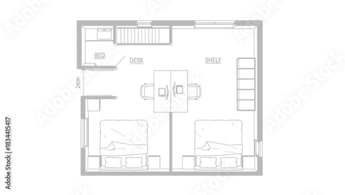 Floor plan of a room with two beds, a desk, and shelves