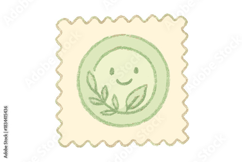 Cheerful Organic Fabric Swatch. A cheerful fabric swatch with a smiling "organic" certification seal, soft pastel doodle style, No