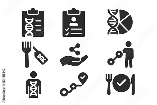Personalized Nutrition Icons. Solid style icons of personalized nutrition plans: DNA-based menu, custom diet clipboard, genome