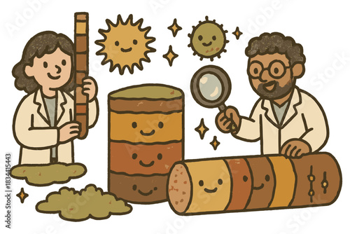 Smiling Scientists' Discovery. Cute doodle reconstructing past environments with smiling scientists, cartoon pollen cores with