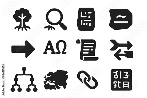 Etymology Icon Set. Solid style icons of etymology: root word tree, magnifying glass on root, ancient tablet, reconstructed