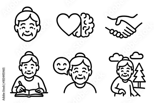 Icons of Elder Well-being. Line style icons of emotional well-being in aging: smiling elder face, heart and brain symbol,