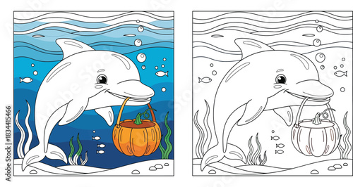 Cute cartoon dolphin holding an orange Halloween pumpkin basket in its mouth, swimming underwater with blue ocean background, vector illustration suitable for kids