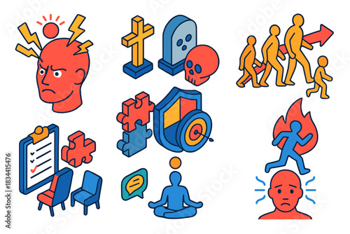 Thanatophobia Symbols Set. Isometric vector illustration set Thanatophobia: human head with fear signals, cultural mortality