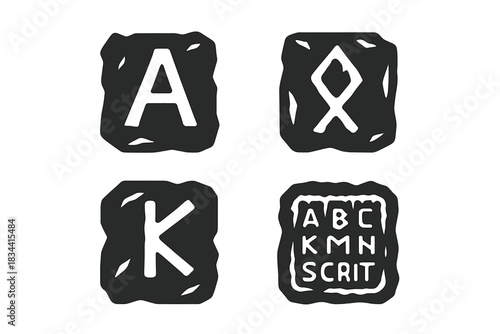 Icy Alphabet Icons. Solid style icons of icy alphabets and runes: frozen letter carving, engraved ancient symbol, rune slab in ice