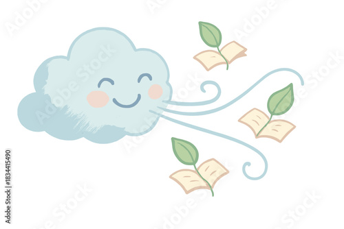 Joyful Leaf Breeze. A smiling breeze carrying tiny joyful new leaf pages, gentle pastel accents, No text, No labels, isolated