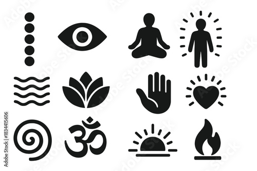 Spiritual Awakening Icons. Solid style icons of Spiritual Awakening: Chakras, Third Eye, Meditation Pose, Light Aura, Energy Lines