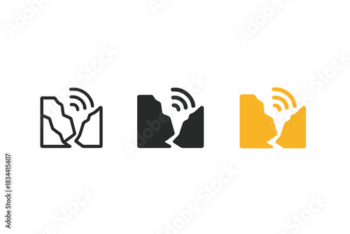 Marble Quarry Icons. three minimal vector icons of a marble quarry canyon with echoing sound waves, line outline style, solid